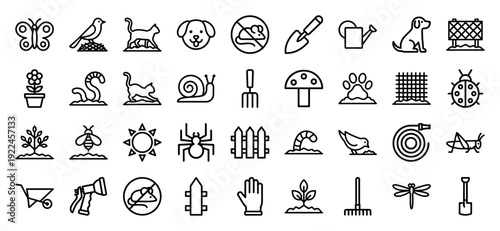 Garden maintenance and backyard ecosystem linear icons. Professional monoline pictograms for landscaping services, pest control, and horticulture branding.