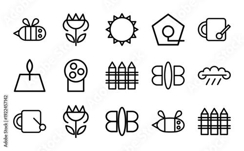 Spring nature and garden education symbols featuring bees flowers and weather. Minimalist chunky monoline pictograms for preschool learning and outdoor lifestyle branding.