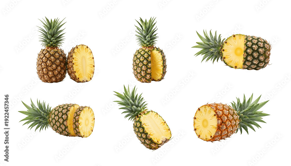 Fototapeta premium Fresh pineapple set with whole and sliced pieces isolated on transparent background