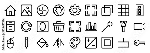 Professional photography and digital media editing toolset featuring monolinear pictograms for software interface design and creative workflow optimization.