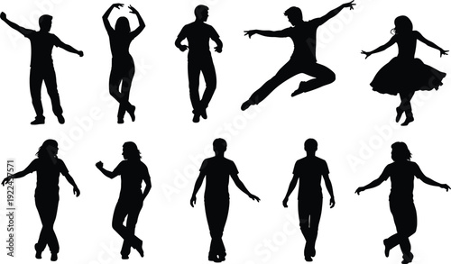 Collection of male and female dancer silhouettes performing various expressive movements including jumping spinning and graceful poses on white 