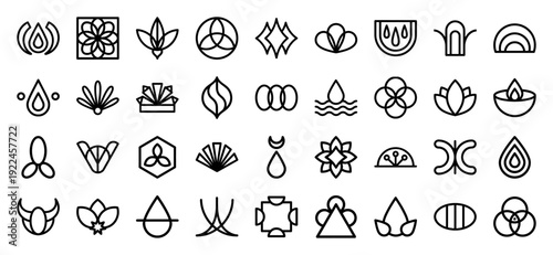 Abstract geometric symbols and organic monoline elements for holistic branding. Professional minimalist line art featuring floral, celestial, and wellness motifs.