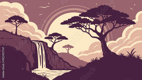 African savanna landscape vector illustration with waterfall, acacia trees, and sunset sky in purple and beige tones