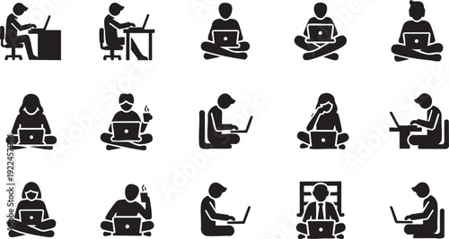 Remote Work and Freelance Icon Set - Stick Figure Silhouettes Working on Laptop in Various Sitting and Cross-Legged Poses