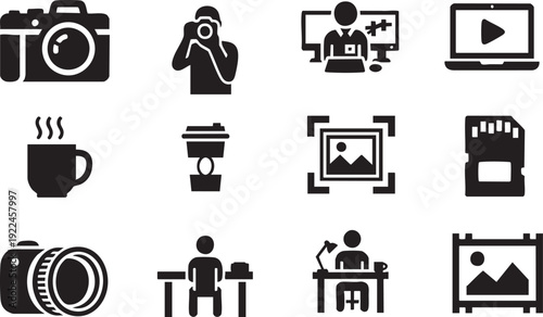Photography and Video Production Icon Set - Professional Silhouette Symbols for Photographers, Editors, and Creative Media Studios