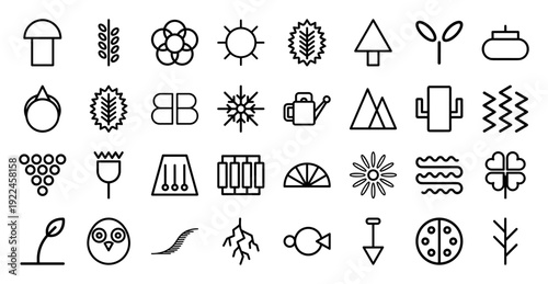 Abstract nature and botanical monolinear icons for eco-friendly branding. Minimalist geometric symbols featuring organic growth, seasonal changes, and environmental sustainability concepts.