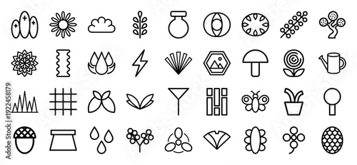 Botanical and nature line art pictograms for sustainable branding and garden design. Minimalist monoline icons featuring floral, organic, and agricultural elements.