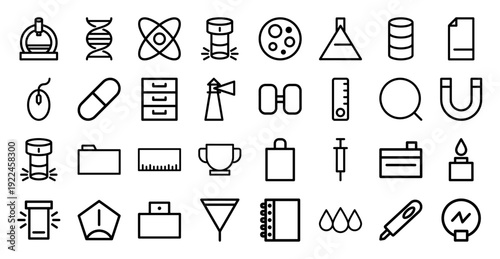 Scientific laboratory and research equipment line icons. Professional monoline pictograms for biotechnology, physics, and medical data analysis projects.