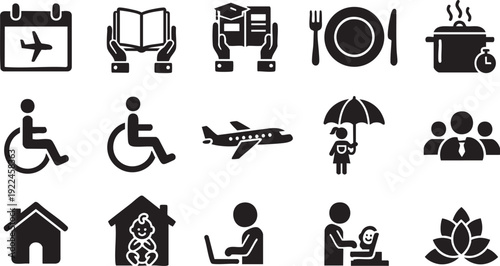 Lifestyle and Travel Icon Set - Professional Silhouette Symbols for Education, Family Care, Aviation, and Wellness