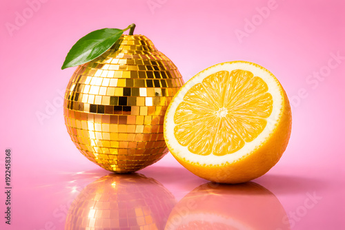Golden disco ball shaped like an apple next to a halved orange on pink background