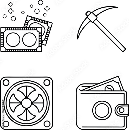 Cryptocurrency and mining outline icon collection. Includes money, pickaxe, mining rig fan, and wallet symbols. Created in thin line style with black and white palette.