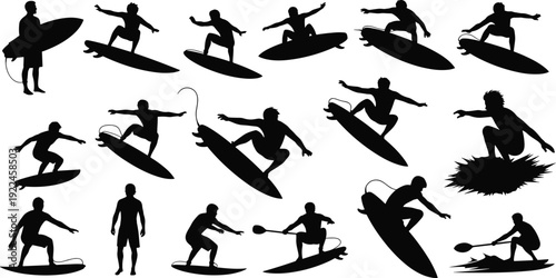 Surfer silhouettes, surfing poses, surfboard stances, riding waves, ocean sport, beach lifestyle, extreme athlete, coastal culture, water motion, paddleboarding illustration