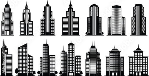 Set of modern skyscraper vector silhouettes featuring city buildings, high rise office towers, urban architecture, and downtown apartment block icons.