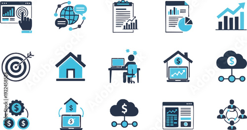 Business Data Analysis and Financial Management Icon Set - Modern Blue and Black Corporate Symbols for Infographics