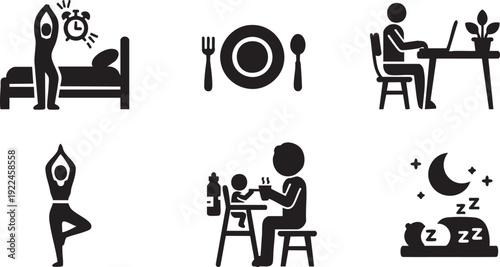 Daily Routine and Healthy Lifestyle Icon Set - Black Silhouette Symbols for Daily Activities, Work, and Wellness