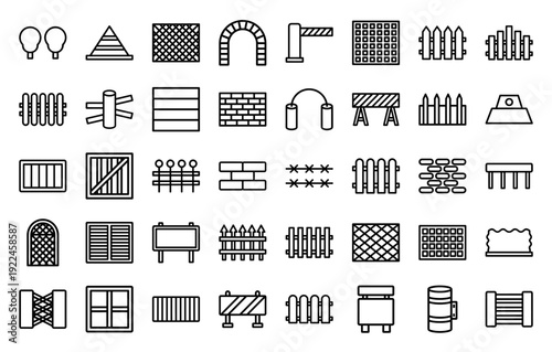 Security perimeter and architectural fencing line icons for construction and property safety. Professional monoline pictograms featuring barriers, gates, and boundary enclosures.