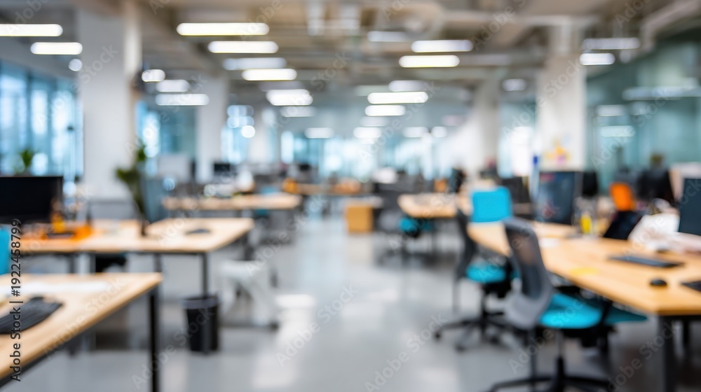 Obraz premium Blurred modern open plan office interior with empty desks and computers