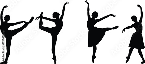 Graceful ballet dancer silhouettes set, elegant female ballerinas performing classical poses isolated on white background for artistic design