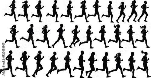 Large set of diverse runner silhouettes with men and women jogging in various poses for marathons fitness events and community sports
