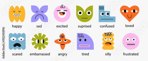 Colorful vector emotion set face characters labeled with different feelings. Educational emotional intelligence toolkit for kids, therapy, classrooms and social emotional learning activities.