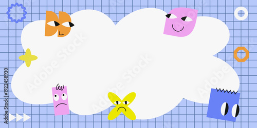Cute vector social template with abstract face characters and empty cloud text frame. Bright playful design ideal for kids content, quotes, stickers, posters, school projects and social media graphics