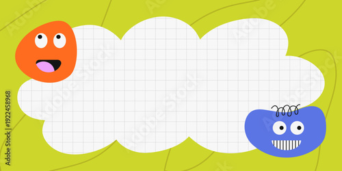 Cute vector social template with abstract face characters and empty cloud text frame. Bright playful design ideal for kids content, quotes, stickers, posters, school projects and social media graphics