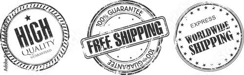 Three circular stamps with the words high, free shipping, and worldwide shipping