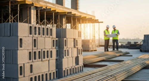 Construction workers inspecting building materials on a construction site during sunrise