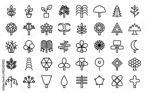 Abstract botanical symbols and nature-inspired geometric shapes. Minimalist monoline icons for eco-friendly branding and organic landscaping infographics.