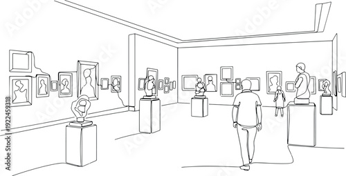 Art gallery interior line art with visitors viewing sculptures and paintings