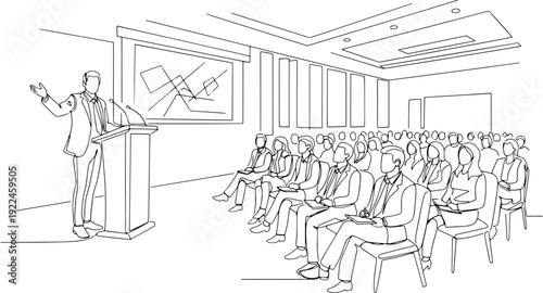 Business seminar presentation with speaker and audience line art illustration