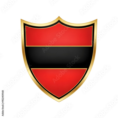 Elegant shield emblem with red and black stripes and a metallic gold border, representing security or heraldry. Free Download Elegant shield emblem with red and black stripes and a metallic gold border, representing security or heraldry. - GFXLoad