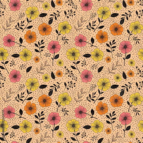 Light Peach Multicolor Ditsy Meadow with Tiny Mixed Flowers and Green Foliage on White