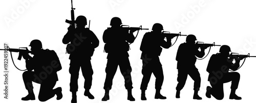 Military soldier silhouette group in combat poses, special forces squad with assault rifles and tactical gear, army infantry mission training. (20 words)