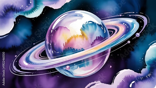 Watercolor planet with rings and moons in a cosmic nebula with swirling purple and blue hues