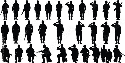 WebMilitary soldier silhouettes set in various poses, standing, saluting and kneeling with rifles, army personnel collection isolated on white background