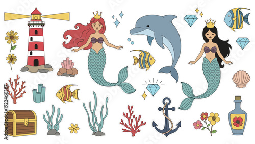 A charming and colorful collection of sea-themed doodles including mermaids, a dolphin, a lighthouse, and underwater treasures.