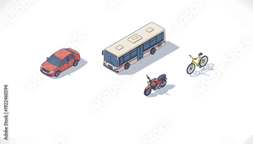 Collection of diverse transportation vehicles including a car, bus, motorcycle, and bicycle on a white background