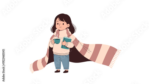 A charming illustration of a cute girl in cozy winter clothes, holding a book and a warm drink with a long scarf flowing behind her.