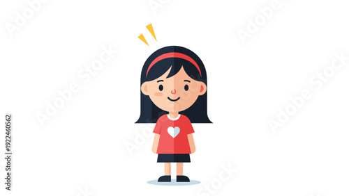 A simple and cute flat design cartoon of a little girl with black hair, a red shirt, and an excited expression with yellow sparks.