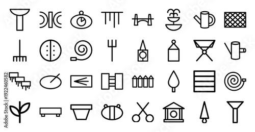 Garden landscaping and outdoor maintenance monoline icons featuring irrigation systems, horticultural tools, and backyard structural elements in a modern minimalist style.