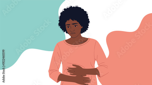 Vector illustration of a black woman experiencing stomach pain or discomfort, with a sad expression against an abstract background.
