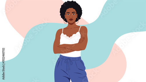 A stylish illustration of a confident and serious black woman with an afro, wearing a tank top and standing with her arms crossed.