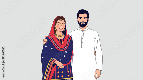 A beautiful vector illustration of a smiling Pakistani or Indian couple in traditional wedding attire, the man with his arm around the woman.