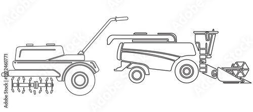 Tiller and combine harvester outlined agricultural machinery eps 10