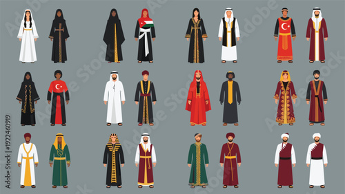 A large and diverse collection of people from various Middle Eastern and Arab countries dressed in their traditional ethnic clothing.