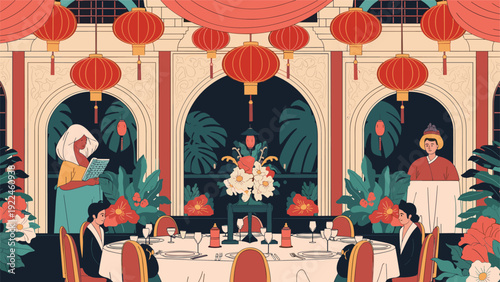 An elegant and artistic illustration of a luxurious Chinese dinner party scene, with red lanterns, lush plants, and people dining.