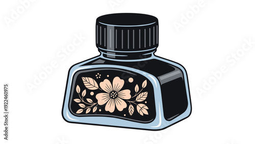 Ornate vector illustration of a vintage glass ink bottle with a decorative floral label, isolated on a clean white background.