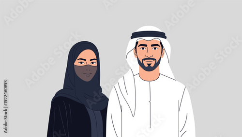 Flat vector illustration of a young muslim couple from the Middle East wearing traditional clothing on a light gray background.