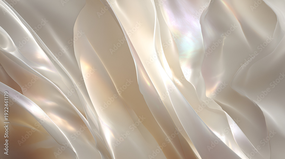 Fototapeta premium Flowing pearl white iridescent fabric backdrop creating elegant waves and soft drapes, reflecting shimmering light and luxurious abstract texture for a sophisticated background